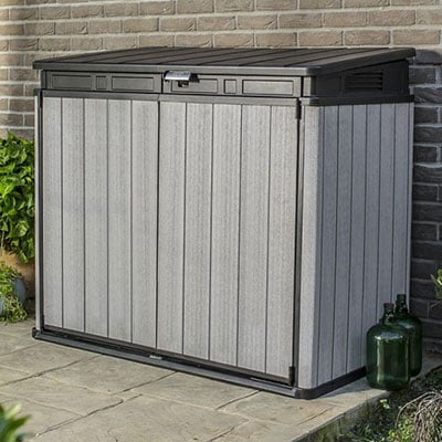 a high-spec grey garden storage box with double doors and lid