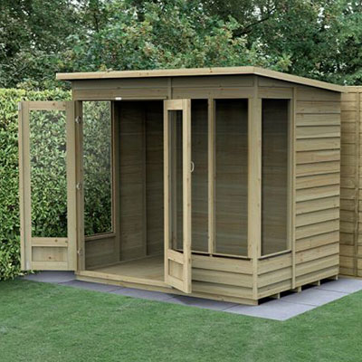 a 7x5 summerhouse with pent roof, double doors and large windows