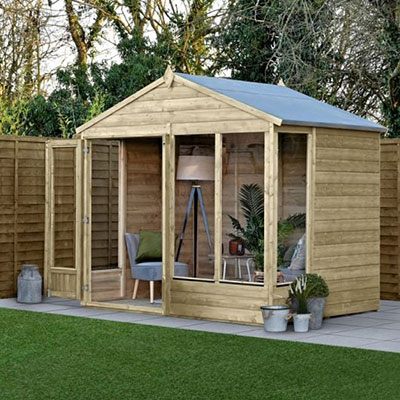 an 8x6 shiplap summerhouse with glazed double doors and 4 windows