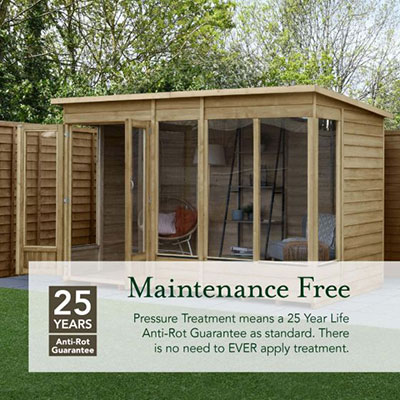 a summerhouse, with written caption explaining that it's maintenance free