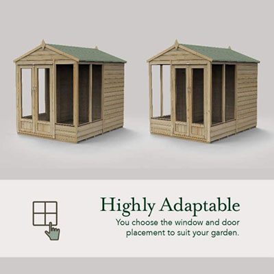 an infographic showing adaptable door and window placements on a fully modular summerhouse