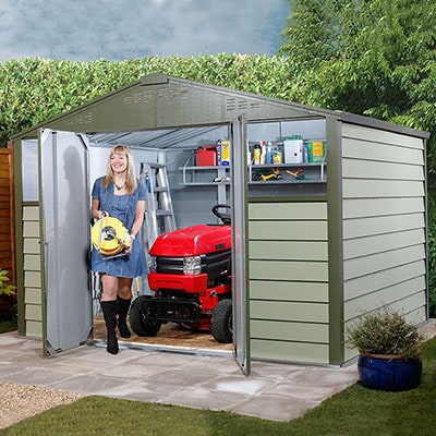 A 10x8 two-tone green metal shed