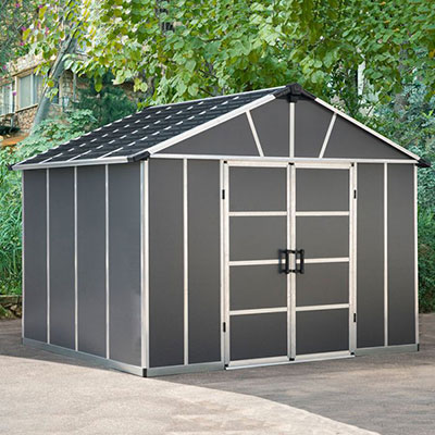 An 11x9 grey plastic shed with white trim