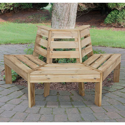 Wooden garden seating designed to fit around a tree trunk