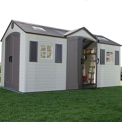 a plastic garden workshop shed with 2 sets of double doors, 2 windows and skylights