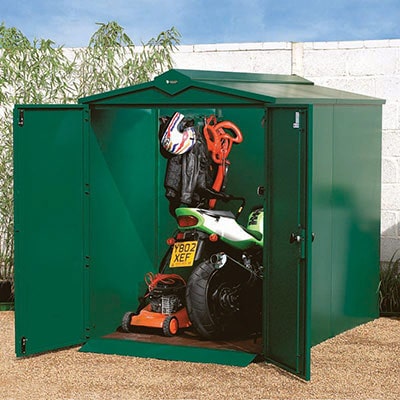 A green, metal security shed with its double doors open to reveal a motorbike and lawnmower