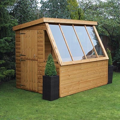 a potting shed with a 6' gable, pent roof and fully-glazed side