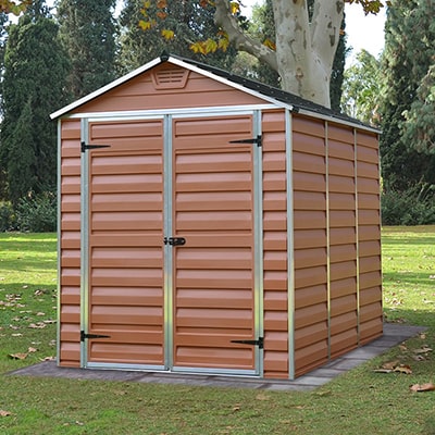 A 6x8 amber-coloured plastic shed with double doors