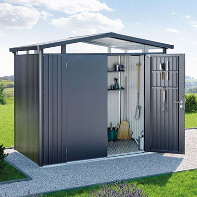 An 8x4 grey metal shed with one of its double doors open