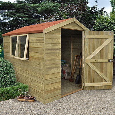An 8x6 pressure-treated wooden shed with a red felt roof