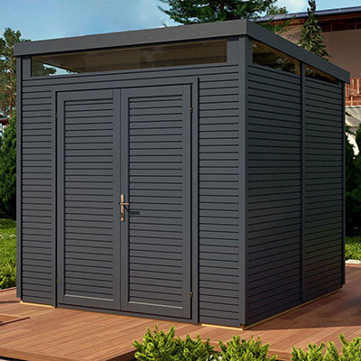 A contemporary 8x8 dark grey shed with a pent roof