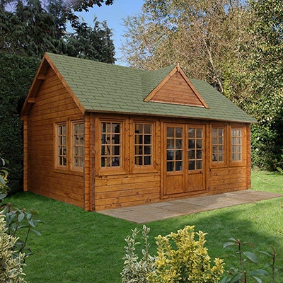 A log cabin with a reverse apex roof, 8 windows and partially-glazed double doors.