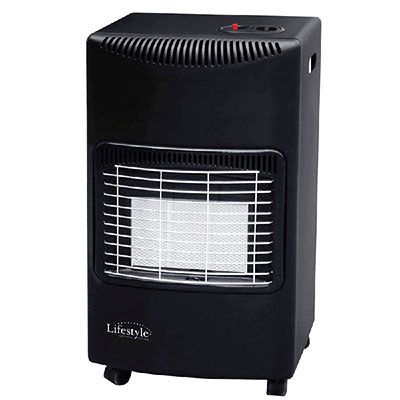 a black portable gas heater with a protective grill
