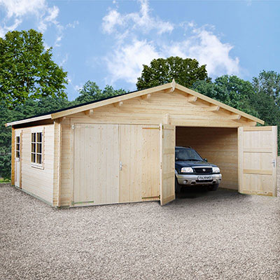 a large, wooden double garage, with a window and personal access door