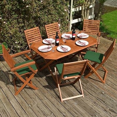 a fold-up, wooden garden dining set, consisting of a table and 6 chairs, each with a green seat pad