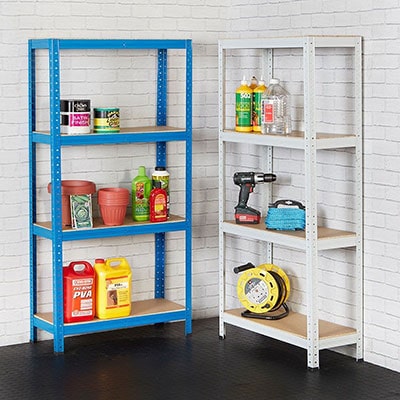 a blue and a white shed shelving unit