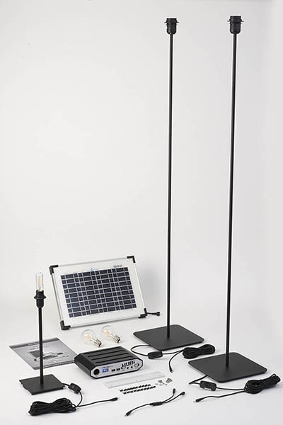 A technical image of solar lighting system including floor lamps and table lamps